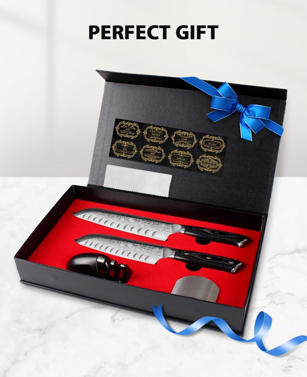 Kitchen Knife Set, 5.5In+7In Santoku Knives, High-Carbon German EN1.4116 Stainless Steel, Sharp Cooking Knives, Kitchen Knifes and Knife Sharpener, Finger Protection Gift Box7
