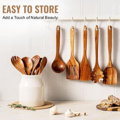 10 Pcs Wooden Spoons for Cooking, Natural Teak Wooden Kitchen Utensils Set, Durable Cooking Utensils Set with Comfort Grip for Cookware, Smooth Finish&Nonstick& Heat Resistant Wooden Spatula6