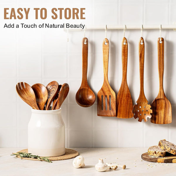 10 Pcs Wooden Spoons for Cooking, Natural Teak Wooden Kitchen Utensils Set, Durable Cooking Utensils Set with Comfort Grip for Cookware, Smooth Finish&Nonstick& Heat Resistant Wooden Spatula6