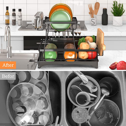 2-Tier Dish Drying Rack - Dish Rack with Auto Drain-To-Sink & Mat3
