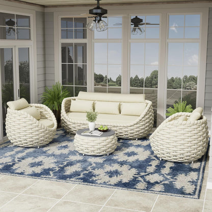 4-Piece Rope Lanai Furniture Sofa Set, Outdoor Living Seating, Beige1