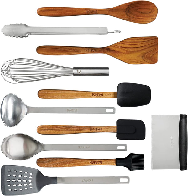 11 Piece Essential Teak Wood, Silicone, and Stainless Steel Tool Set1