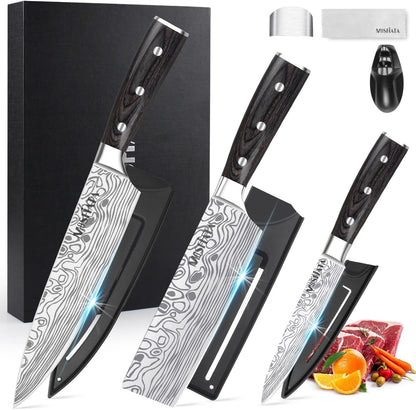 Professional Chef Knife Set with German High Carbon Stainless Steel Kitchen Knife Set 3 Pcswith Finger Guard,Knife Sharpener,Knives Set for Kitchen with Gift Box1