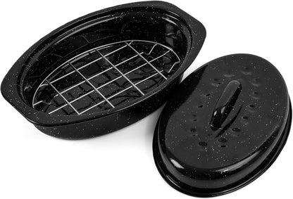 13 Inch Small Roasting Pan with Lid and Rack, Enamel Carbon Steel Roaster Pan, High Temperature Resistance and Dishwasher Safe, Cookware for Small Poultry & Vegetables1