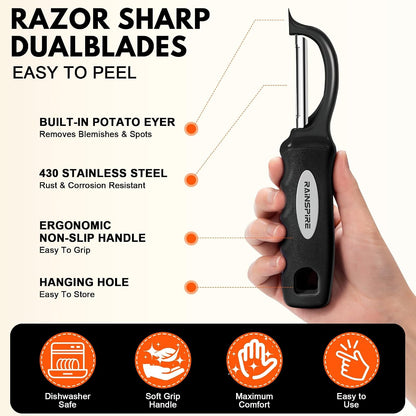 Swivel Vegetable Peeler Soft Comfort Handle Sturdy Long-Lasting 1Pcs Black | Dishwasher Safe Gift for Cooks Potato Peeler for Kitchen Carrot Peeler Fruit Veggie Peeler Sharp Stainless Steel Blades6
