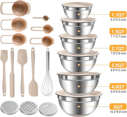 Mixing Bowls with Airtight Lids Set, Non-Slip Silicone Bottoms, Khaki2