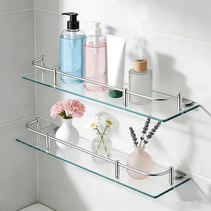 Glass Bathroom Shelves, Rectangular Tempered Glass Floating Shelves for Wall with 304 Stainless Steel Rail and Zinc Alloy Bracket, 2 Pack1