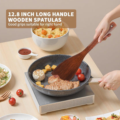 Wooden Spatula for Cooking, Long Handle Wood Spatulas for Non Stick Frying Pan, Right Hand Wood Turner for Cooking Kitchen Cookware2
