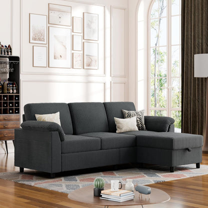 Convertible Sectional Sofa Couch, 3 Seat L Shaped Sofa with Removable Pillows Soft Corduroy Fabric Small Couches Mid Century for Living Room, Apartment and Office (Gray)1