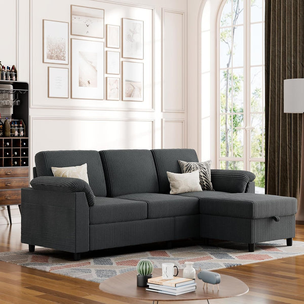 Convertible Sectional Sofa Couch, 3 Seat L Shaped Sofa with Removable Pillows Soft Corduroy Fabric Small Couches Mid Century for Living Room, Apartment and Office (Gray)1
