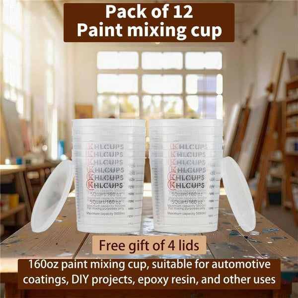 12 Pcs Cups and 4 Lids 160 Oz Graduated Paint Mixing Cups 5 Quart Disposable Clear Paint Mixing Bucket Plastic Epoxy Measuring Cups with Ratios on Side of Cup for Resin, Epoxy, Art3