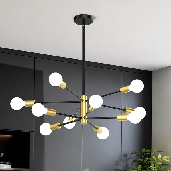 Sputnik Chandelier 10-Light, Mid Century Modern Height Adjustable Ceiling Light Fixture for Dining Room, Kitchen Island, Living Room,Bedroom-Black and Gold1
