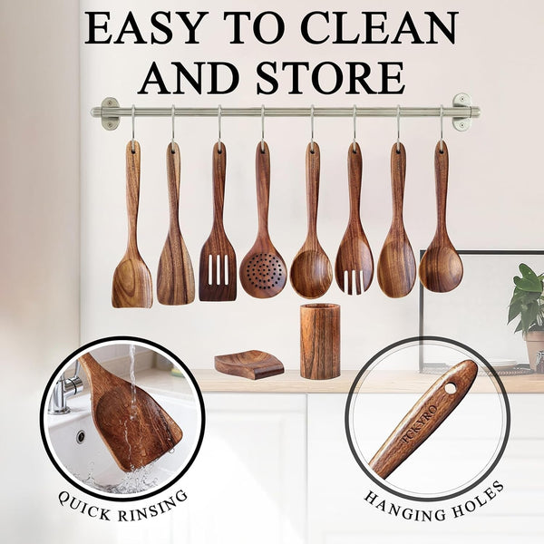 Wooden Kitchen Utensil Set with Holder & Spoon Rest, 10 Piece Premium Teak Wooden Spoons for Cooking, Smooth Wood Utensil Set with Spatulas, Spoons, Salad Fork, Skimmer, Soup Ladle & 8 Hooks5