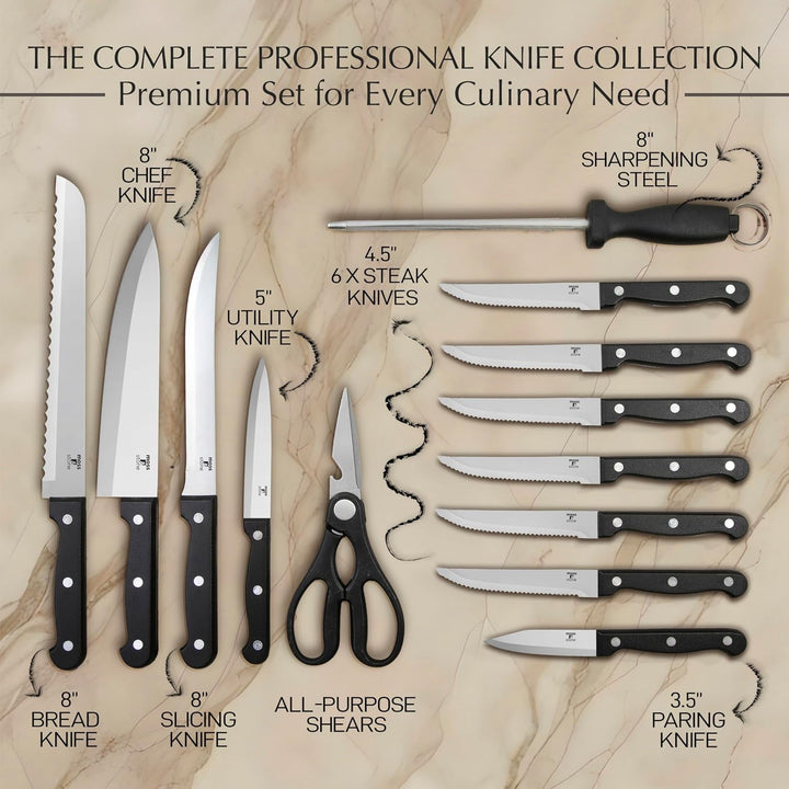 14 Pcs Kitchen Knife Set with Block, Stainless Steel | Premium Forged Kitchen Knives with High-Carbon Sharp Blades, Ergonomic Handle, Rust-Resistant Knife Block Set for Home & Chef+2