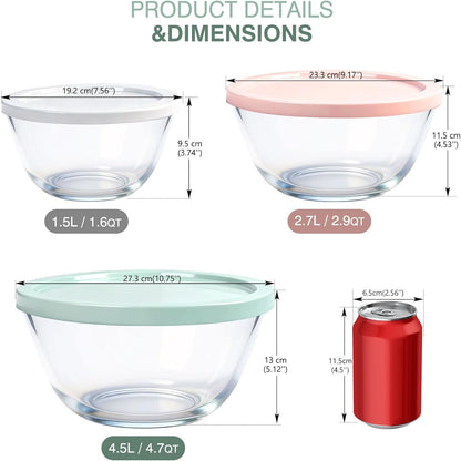 Borosilicate Glass Mixing Bowls with Bpa-Free Lids Set of 3 (4.7, 2.9, 1.6 QT), Large Salad Bowl for Kitchen Baking, Cooking, Serving, Meal Prep, Dishwasher, Freezer & Microwave Safe2