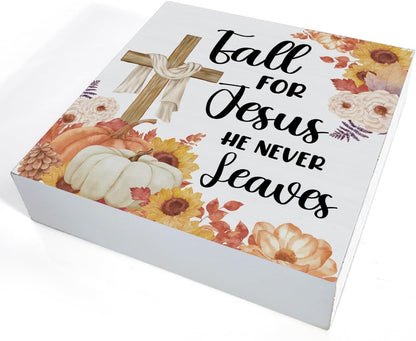 Fall Decor Religious Cross Pumpkins Decorations Fall for Jesus He Never Leaves Wooden Sign Rustic Home Decor 5 X 5 Inches3