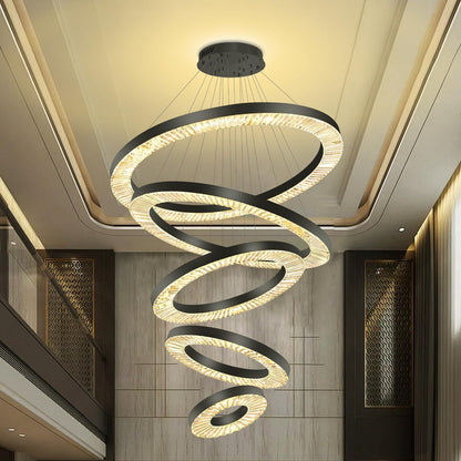 Large 5 Ring Chandelier Modern Dimmable Led Ring Chandeliers for Living Room Dining Room Height Adjustable Black round Crystal Pendant Lighting MAX D48In4