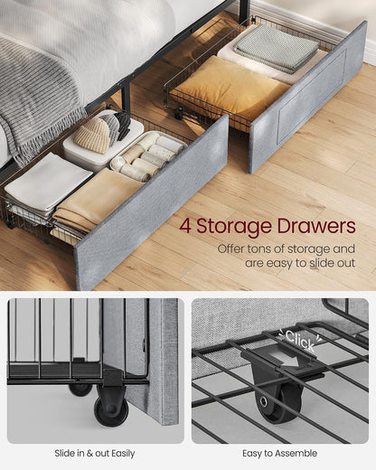 Queen Bed Frame, 4 Storage Drawers on Wheels, Charging Station5