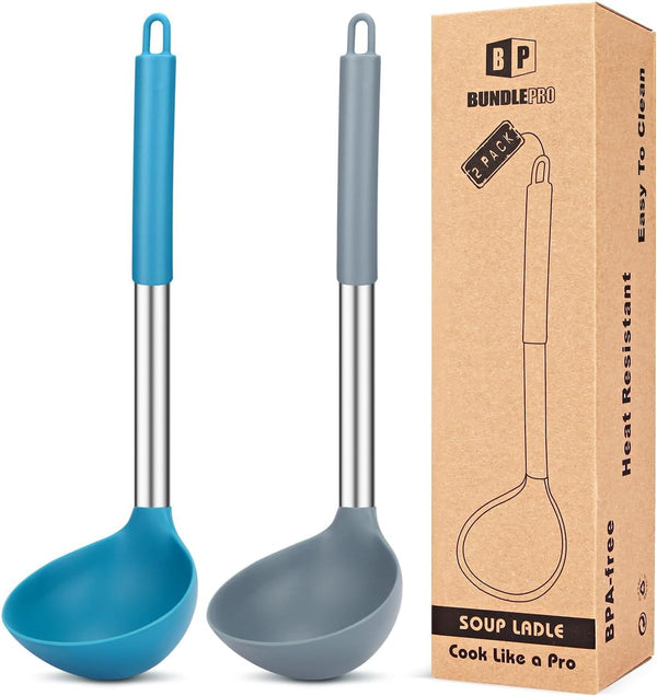 Silicone Soup Ladle Spoon Kitchen Utensils, 2 Pack, Grey-Blue1