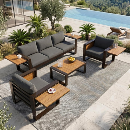 Large 4-Piece Outdoor Patio Furniture Set for 5 Person, 3-Seater Sofa, 2 Armchairs with Fold-Out Side Tables, Aluminum Frame & Plastic-Wood, Modern Garden/Patio Seating, Grey Cushions7