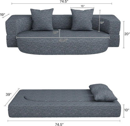 Folding Sofa Bed, Convertible Futon Sleeper Bed, 2-In-1 Foldable Floor Mattress with 2 Pillows, Breathable High-Density Foam Lazy Couch, Twin Size Comfy Lounge Chair, Dark Gray3