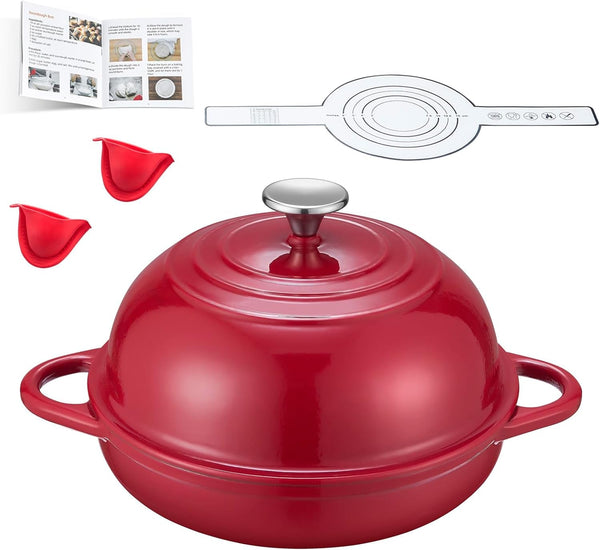 Dutch Oven Cast Iron Bread Oven with Cloche Dome Lid for Baking Sourdough, Artisan Bread, Pizza | Enameled Cast Iron Combo Cooker for Baking, Braising, Roasting | Magenta Enameled Finish1