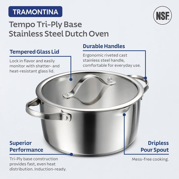 Tempo Tri-Ply Base Stainless Steel 5-Qt Dutch Oven Pot with Lid | Induction-Ready, Oven-Safe, Dishwasher-Safe3