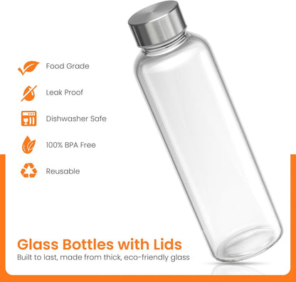 Clear Glass Bottles with Lids 18Oz Water Bottles, Steel Cap, 6-Pack | Reusable Travel-Friendly Juice Bottles Rust-Resistant Durable Glass Stainless Steel Air and Water Tight Lids 100% Leak Proof3
