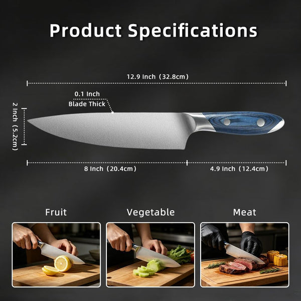 8 Inch Stainless Steel Kitchen Chef Knife, Blue Pakkawood Handle3