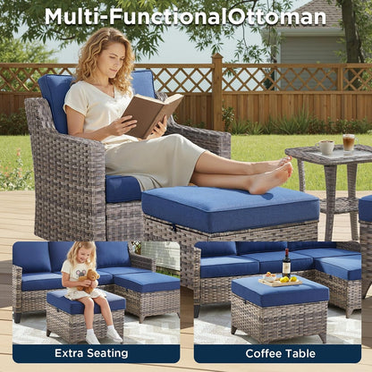 Outdoor Patio Furniture Set-5 Pieces All-Weather Wicker Outdoor Furniture with Swivel Patio Chairs Outdoor Patio Conversation Sets for Garden Porch Deck Grey/Blue4
