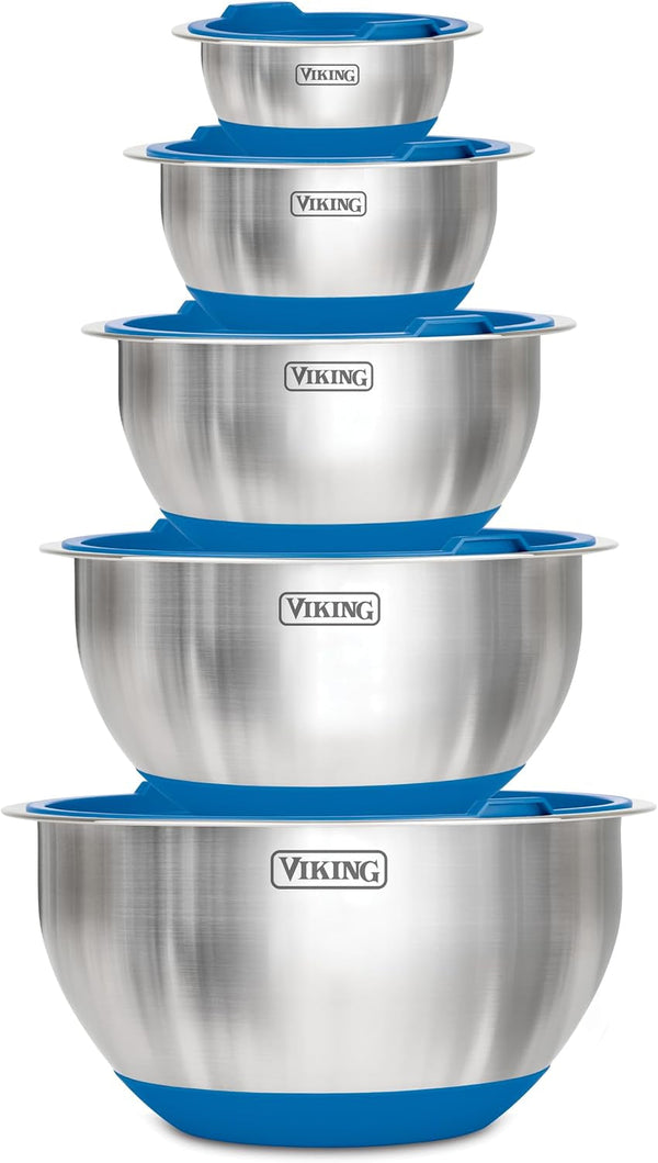 Viking Mixing Bowls Set, 10 Piece Stainless Steel Kitchen Cookware, Non-Slip Silicone Base, Includes Tight Fit Lids, Dishwasher Safe, Blue1