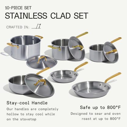 Made in Cookware - 10 Piece Stainless Steel Pot and Pan Set (Antique Brass Handle) - 5 Ply Clad - Includes Stainless Steel Frying Pans, Saucepans, Saucier and Stock Pot W/Lid - Crafted in Italy6