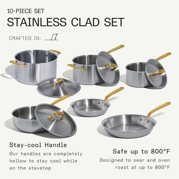 Made in Cookware - 10 Piece Stainless Steel Pot and Pan Set (Antique Brass Handle) - 5 Ply Clad - Includes Stainless Steel Frying Pans, Saucepans, Saucier and Stock Pot W/Lid - Crafted in Italy6