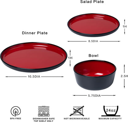 Melamine 12-Piece Modern Dinnerware Set, Kitchen Plates and Bowls Sets, Luxury 2 Tone Red and Black Ceramic Look Dish Set for 4.Christmas Luxury Dinnerware Dishes Set.6