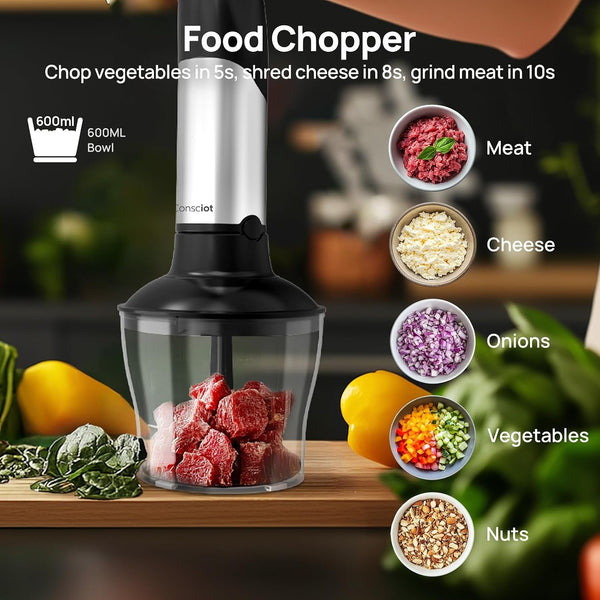 10-In-1 Immersion Hand Blender Max 1100W, Trigger Speed Control | Entire Stainless Steel Blender Shaft, 800Ml Beaker, 600Ml Chopper, Beaters, Frothers, Hooks, Masher, Whisk & 600Ml Cup8