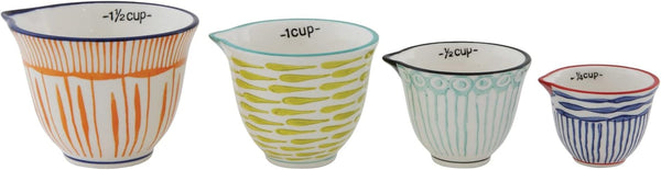 Creative Co-Op 4‑Piece Hand‑Painted Stoneware Measuring Cups with Patterns and Colored Rims, Multicolor1