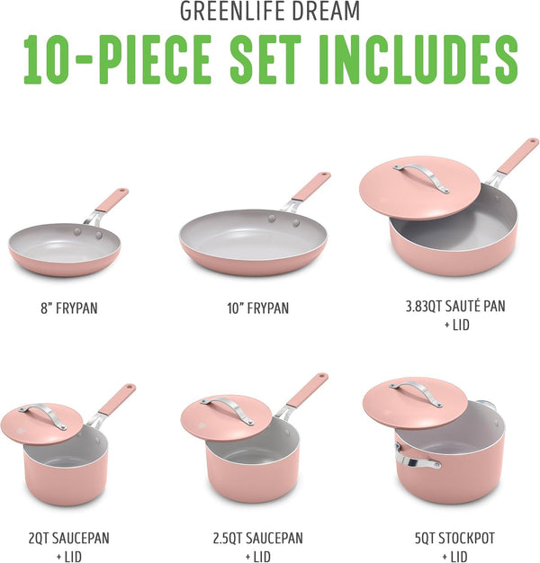 10-Piece Nonstick Ceramic Cookware Set, Lightweight Healthy Pfas-Free Pots & Pans with Lids, Dishwasher & Oven Safe, Durable Body, Silicone Stay-Cool Handles, Easy Release, Pink3