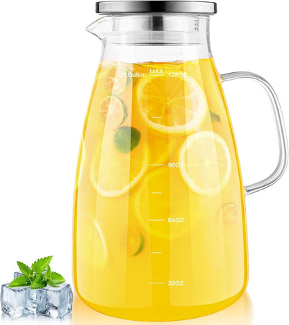 Glass Pitcher with Lid and Handle, Glass Water Pitchers, 1 Gallon | Thickened Borosilicate Glass Iced Tea Pitcher, Drip-Free Spout, Heat Resistant, Stovetop Dishwasher Safe Jug Jar1