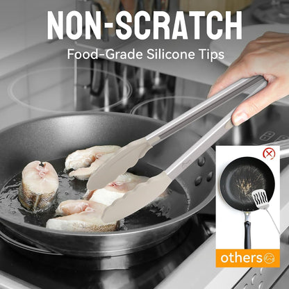 Premium Stainless Steel Locking Kitchen Tongs with Silicon Tips, Set of 2-9" and 12",Khaki3