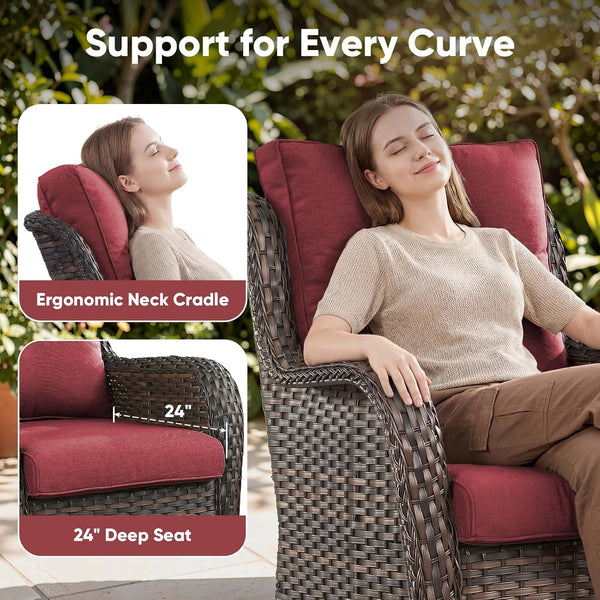 Outdoor Swivel Chairs Set of 2,Patio Wicker Rocker Chairs,All Weather Patio Conversation Furniture Set, Ideal for Porch Balcony Deck Yard, Brown Wicker/Red4