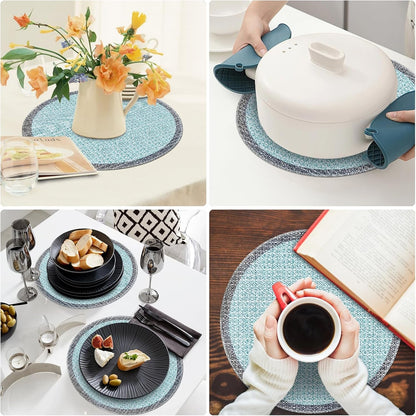 Blue Grey Ethnic Boho round Placemats Set of 4, 15 Inch Linen Burlap Washable Durable Art Table Mats for Holiday Party Kitchen Dining Room Decoration3