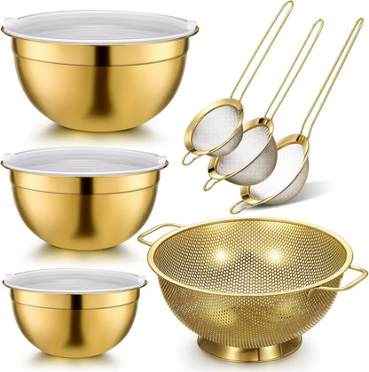 7 Pcs Gold Kitchen Accessories Includes Stainless Steel Colander with Handles, 3 Gold Mixing Bowls with Airtight Lids and 3 Fine Mesh Strainer (Colander: 4 Qt, Mixing Bowls: 1/1.5/2 Qt)1