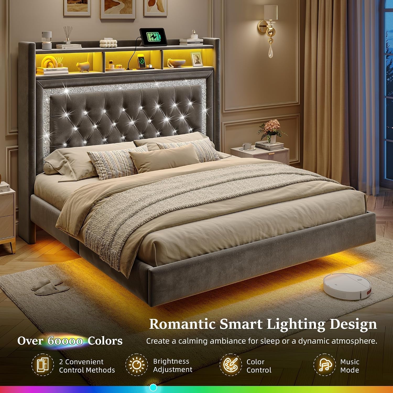 king-floating-bed-frame-charging-station-led-lights-grey