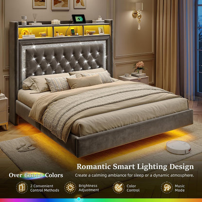 King Floating Bed Frame, Charging Station & LED Lights, Grey4
