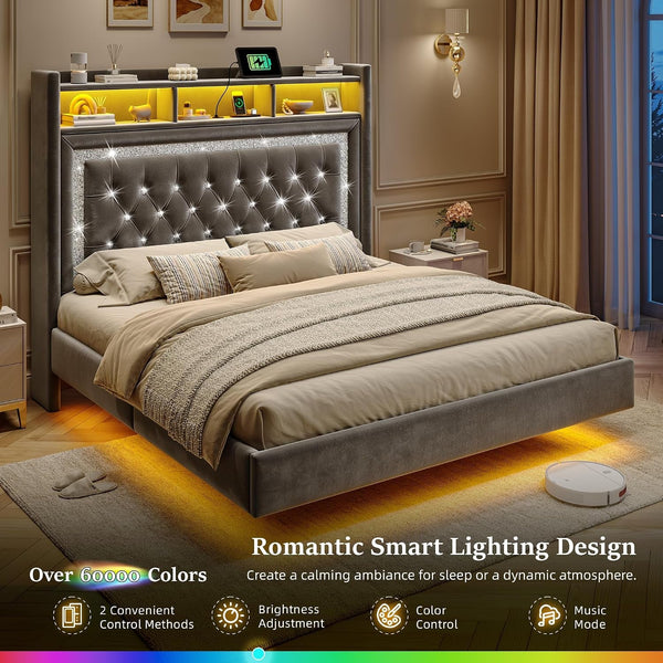 King Floating Bed Frame, Charging Station & LED Lights, Grey4