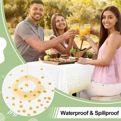 3 Packs Dot Disposable Table Cloth, 54 X 108 Inch Waterproof Plastic Tablecloth, Rectangle Gold Dots in White Table Covers for Picnic, Birthday, Party and Back to School3