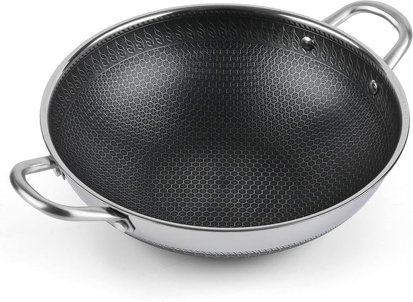 12.5” Wok Pan with Dual Honeycomb Wok Stainless Steel Wok Pan with Nonstick Coating, Frying Pans Cookware, Two Handles,Works with Induction ,Gas, Electric, Ceramic Furnace Stove, without Lid1