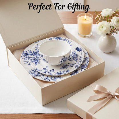 12-Piece Porcelain Dinnerware Set for 4, White & Blue Plates and Bowls Set, Glossy Ceramic Dish Set with Embossed Toile Pattern, Elegant Kitchen Dishes, Microwave & Dishwasher Safe, Cassian5