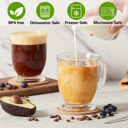 Glass Coffee Mugs Set of 4, Clear Large Coffee Mug 15 Oz with Handles for Hot Beverages, Clear Mugs for Tea, Cappuccino, Latte, Espresso Coffee, Juice, Glass Coffee Cups4