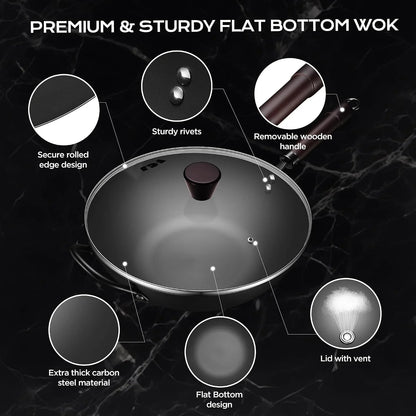 Wok, 13.5 Inch Carbon Steel Wok Pan with Steamer & Stir-Fry Pans Nonstick, 5QT Flat Bottom Chinese Woks6